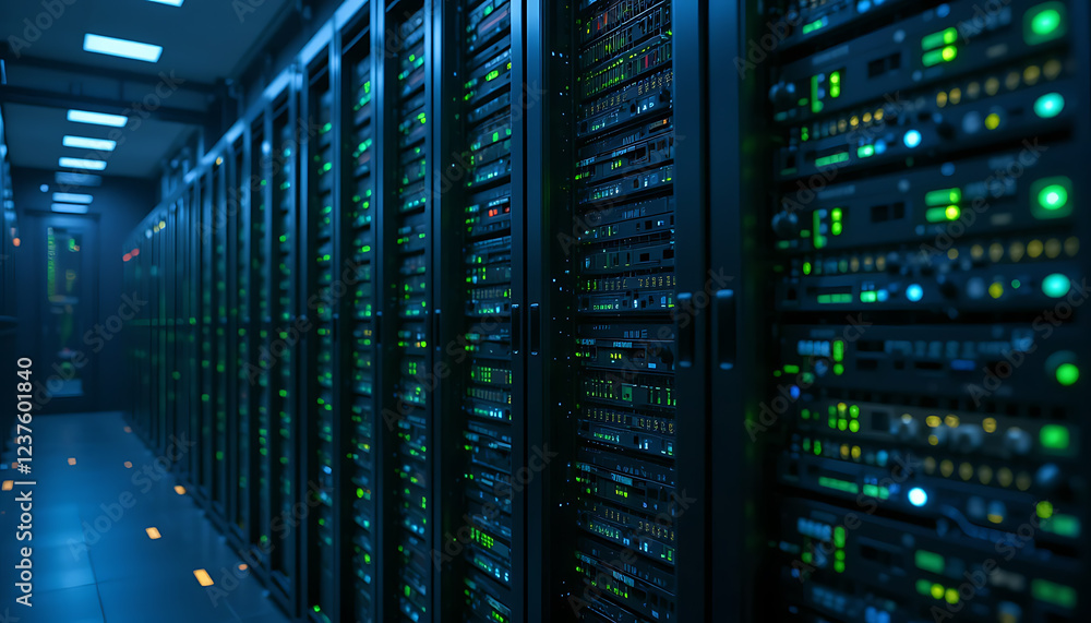High-tech Server Racks in a Dimly Lit Data Center Housing Blinking Lights and Storage Units High-tech Server Racks in a Dimly Lit Data Center Housing Blinking Lights and Storage Units