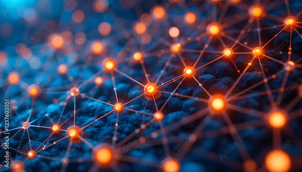 Fototapeta premium Glowing Orange Nodes Interconnected on a Blue Digital Grid Depicting a Futuristic Network in a Technological Environment