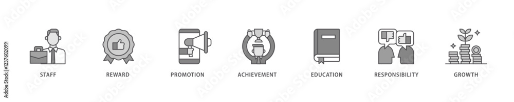 Employee motivation icon set flow process which consists of staff, reward, promotion, achievement, education, responsibility and growth icon live stroke and easy to edit . Employee motivation icon set flow process which consists of staff, reward, promotion, achievement, education, responsibility and growth icon live stroke and easy to edit .