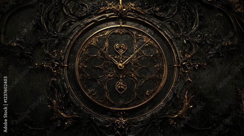 Ornate Golden Clock in Dark Decorative Frame Ornate Golden Clock in Dark Decorative Frame