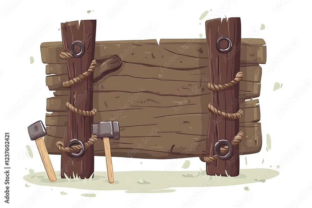 Naklejka premium A flat vector illustration of a hammer and nails on a wooden surface