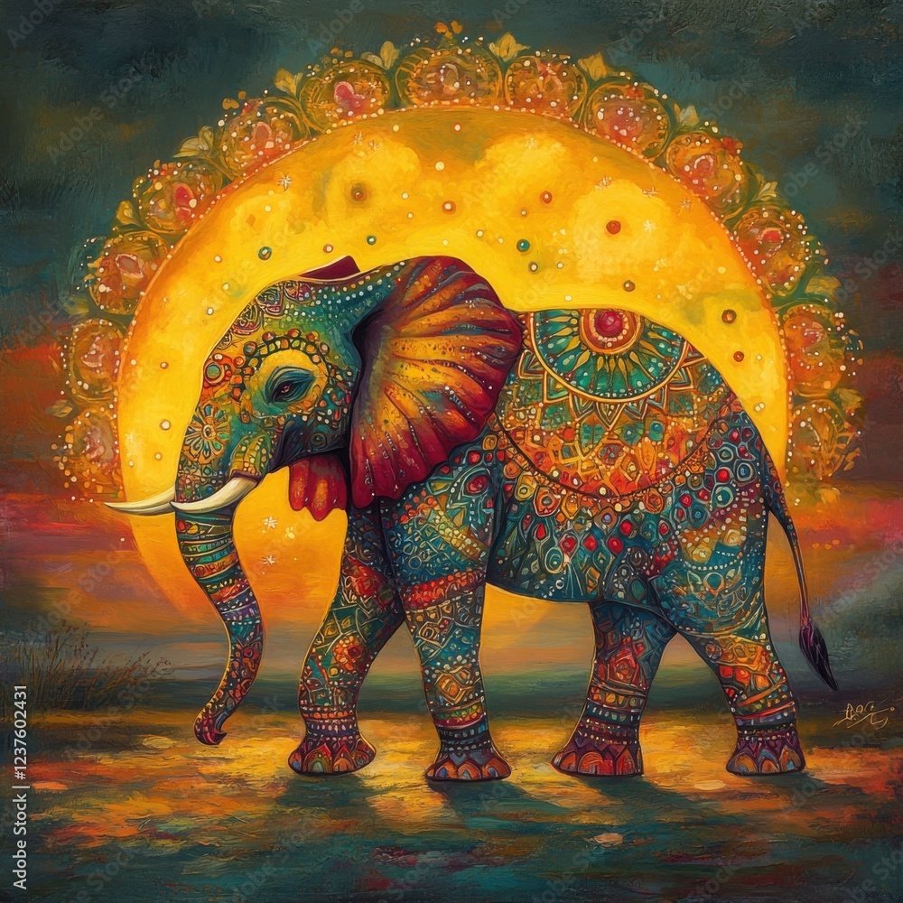 Obraz premium Colorful Elephant with Intricate Patterns Against Radiant Background