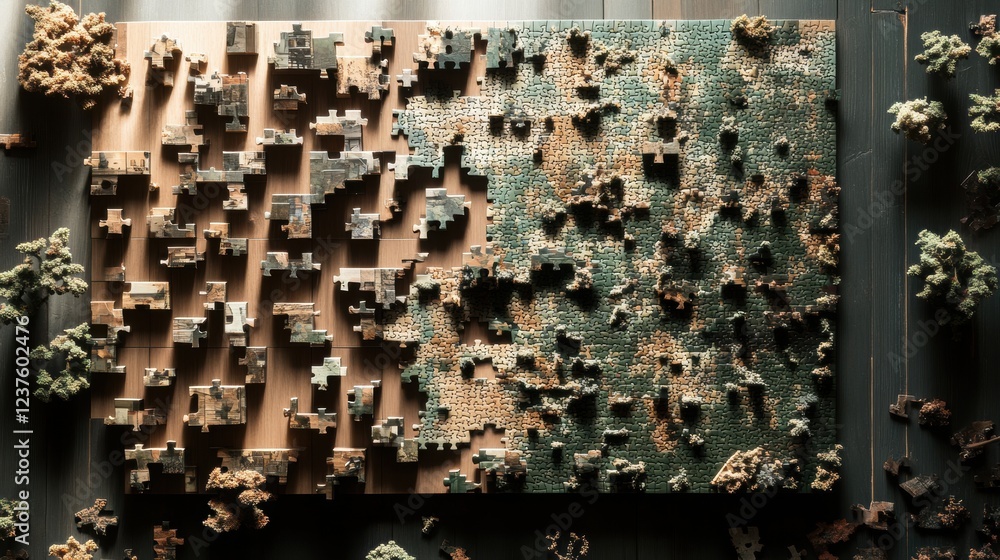 partially completed jigsaw puzzle on wooden table partially completed jigsaw puzzle on wooden table
