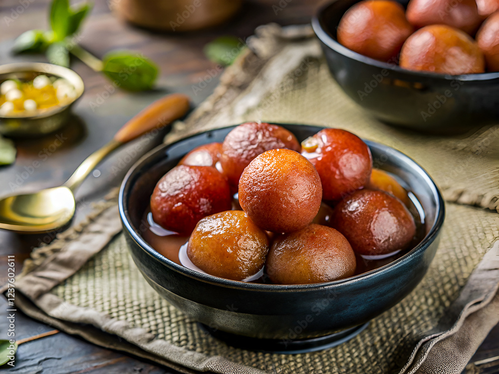 Tasty Indian Dessert Gulab Jamun with Rich Syrup. Delicious dessert food background Tasty Indian Dessert Gulab Jamun with Rich Syrup. Delicious dessert food background