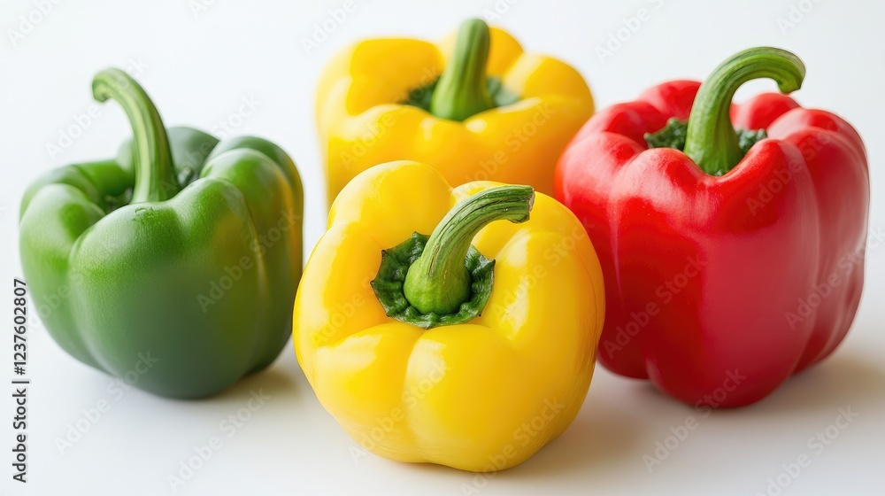 Macro shot of colorful bell peppers (green, yellow, red), with focus on their smooth surfaces and fresh appeal on a white background Macro shot of colorful bell peppers (green, yellow, red), with focus on their smooth surfaces and fresh appeal on a white background