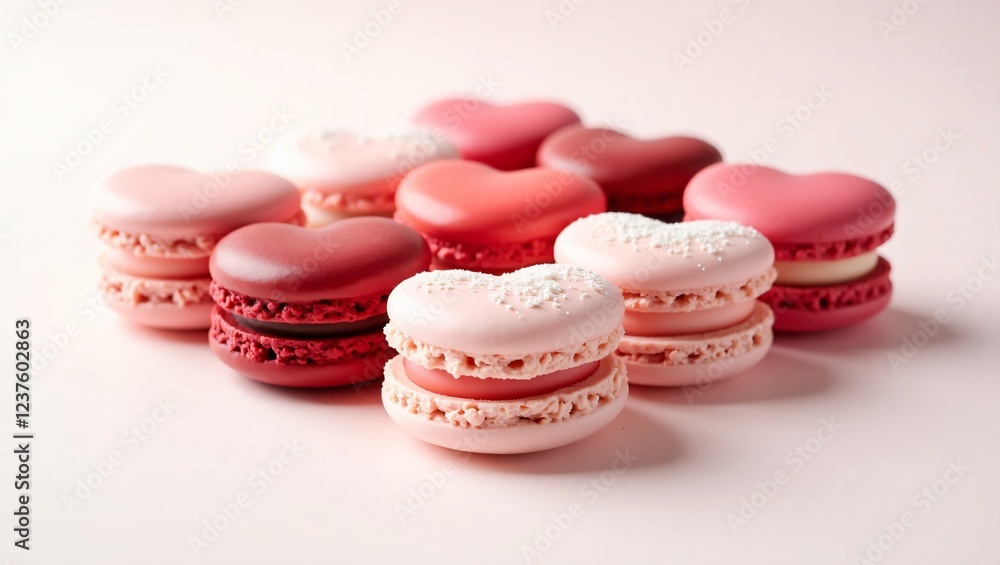 Fototapeta premium Heart-shaped macarons in soft pink to deep crimson, elegantly arranged on a white background, with a delicate sheen and a dusting of powdered sugar.