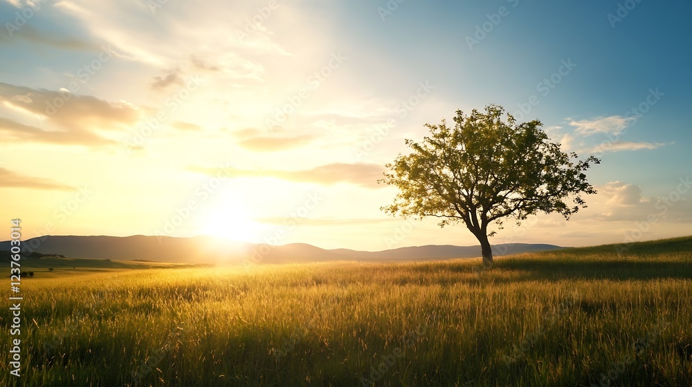 Lonely Tree Standing in Golden Field at Sunset with Majestic Mountain Background : Generative AI Lonely Tree Standing in Golden Field at Sunset with Majestic Mountain Background : Generative AI