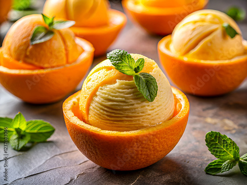 Tasty orange ice cream served in orange halves. Delicious dessert food background