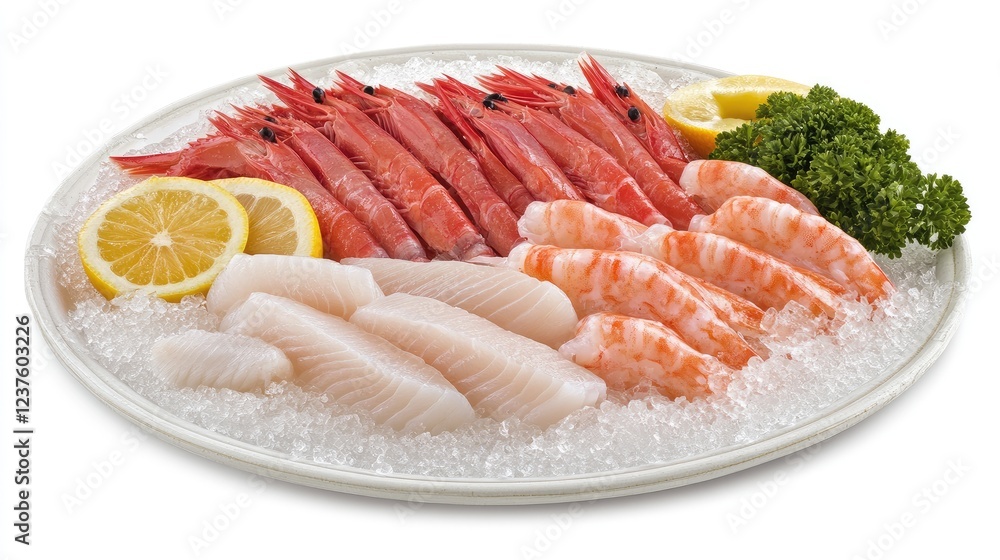 Minimalist shot of assorted fresh fish fillets, crab claws, and shrimp on crushed ice with citrus garnish, white background Minimalist shot of assorted fresh fish fillets, crab claws, and shrimp on crushed ice with citrus garnish, white background
