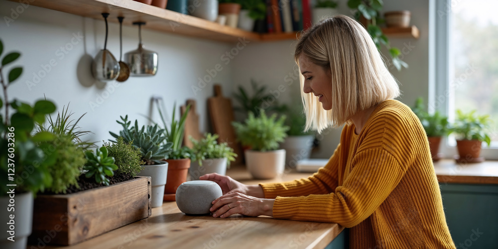 Happy Mature Woman Enjoying Smart Speaker Use at Home in a Modern Kitchen for my Digital Living Happy Mature Woman Enjoying Smart Speaker Use at Home in a Modern Kitchen for my Digital Living