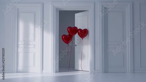 Room with open door and heart-shaped balloons entering, symbolizing love, romance, and the arrival of Valentine's Day. Concept of celebration, gifts, marriage, heartfelt emotions in a romantic setting photo