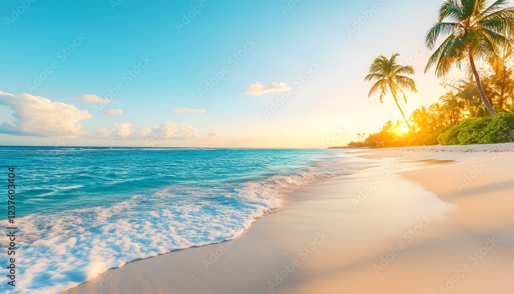 Fototapeta premium Serene Tropical Beach Sunset Scene With Palm Trees