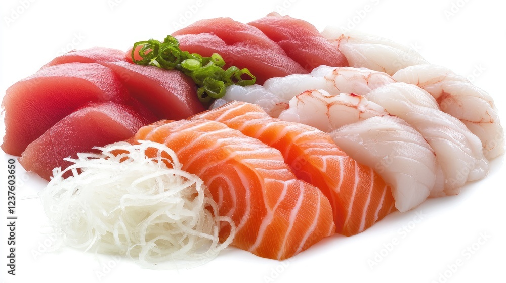 Vibrant sashimi platter with salmon, yellowtail, and scallops, accented with daikon curls, placed on a clean white background Vibrant sashimi platter with salmon, yellowtail, and scallops, accented with daikon curls, placed on a clean white background