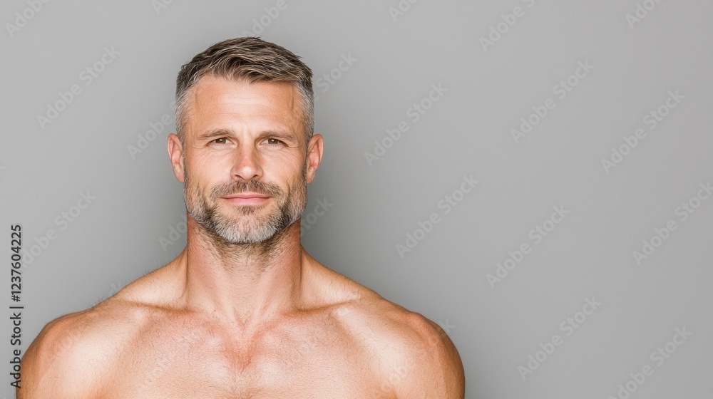 Fototapeta premium Confident mature man portrait, gray background, studio shot, for health or beauty ads