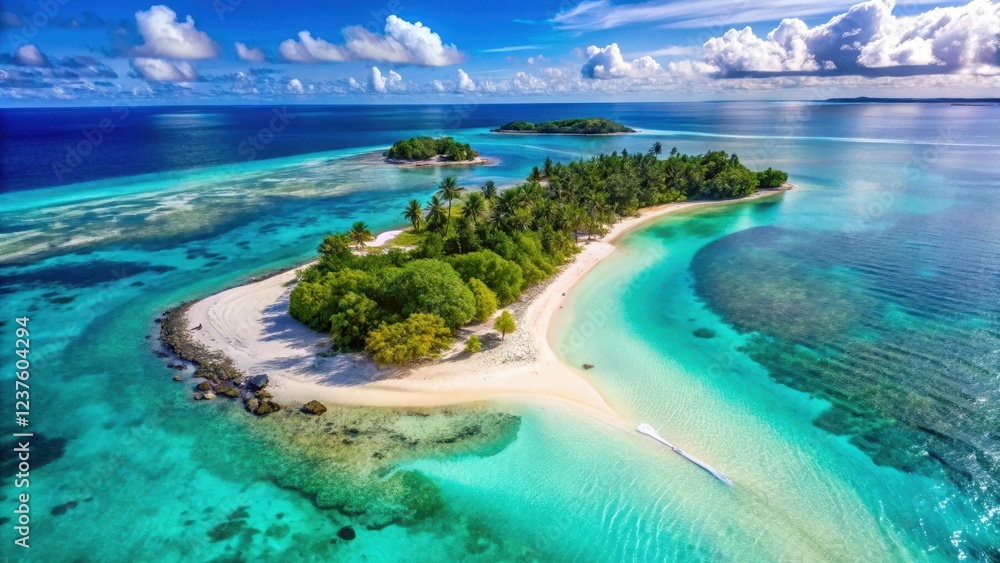 Obraz premium Aerial view of Paradise Island with crystal-clear waters and white sandy beaches, turquoise, island, turquoise