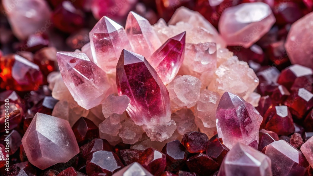Close-up shot of a rose quartz cluster with large, flat crystals exposed, surrounded by smaller garnet fragments in shades of deep crimson and burgundy , garnet, mineral formation Close-up shot of a rose quartz cluster with large, flat crystals exposed, surrounded by smaller garnet fragments in shades of deep crimson and burgundy , garnet, mineral formation