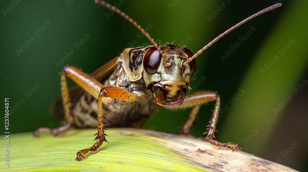 Fototapeta premium Macro of Grasshopper Eating on Leaf Natural Green Background Wildlife : Generative AI