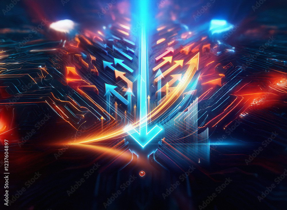 A mesmerizing double exposure artwork featuring vibrant blue and orange arrows converging at a central point, creating a dynamic and futuristic feel. The image evokes a sense of energy and technologi A mesmerizing double exposure artwork featuring vibrant blue and orange arrows converging at a central point, creating a dynamic and futuristic feel. The image evokes a sense of energy and technologi