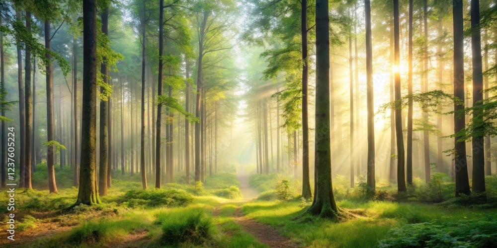 Fototapeta premium Forest panorama in soft, dreamy light with gentle mist, serene and peaceful atmosphere, nature, mist, nature
