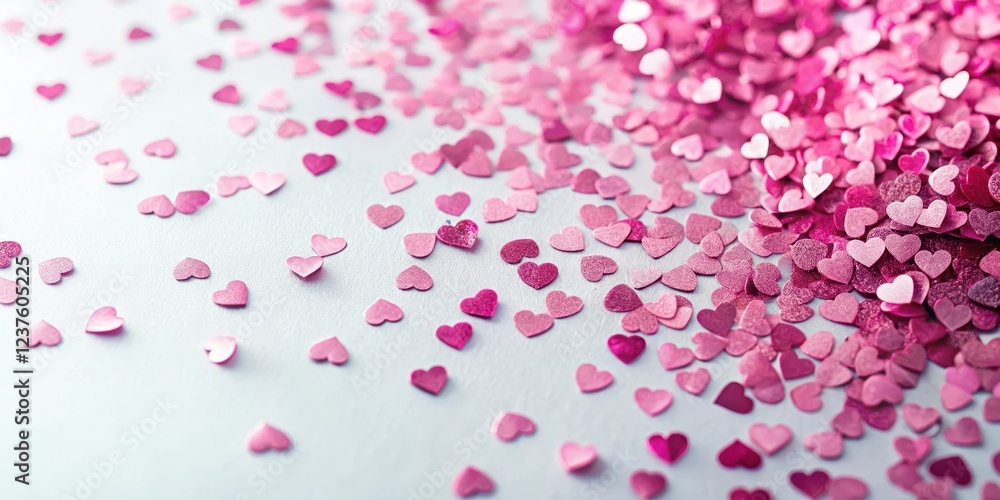 Pink heart-shaped confetti scattered on a white background with subtle sparkle and shine effect, love, pink hearts Pink heart-shaped confetti scattered on a white background with subtle sparkle and shine effect, love, pink hearts
