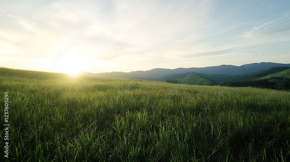 Fototapeta premium Lush green meadow at sunrise with rolling hills and scenic mountain backdrop : Generative AI