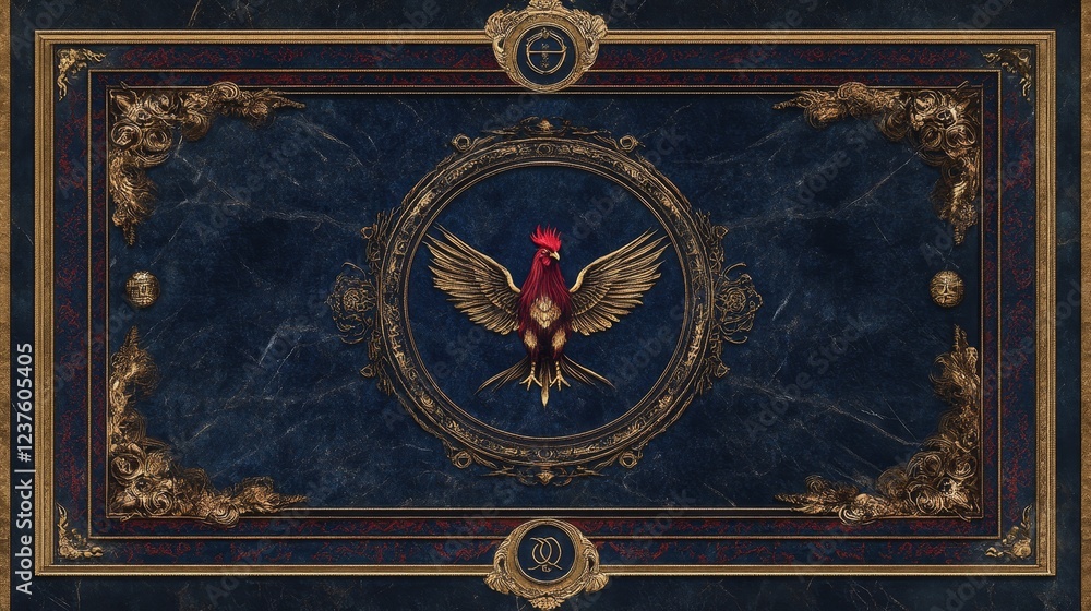 Fototapeta premium Ornate Rooster Emblem on Dark Blue Marble