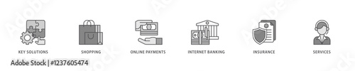 Financial service icon set flow process which consists of key solutions, shopping, online payments, internet banking, insurance and services icon live stroke and easy to edit .