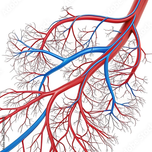 A detailed view of interconnected blood vessels branching out in a vibrant red and blue network  photo