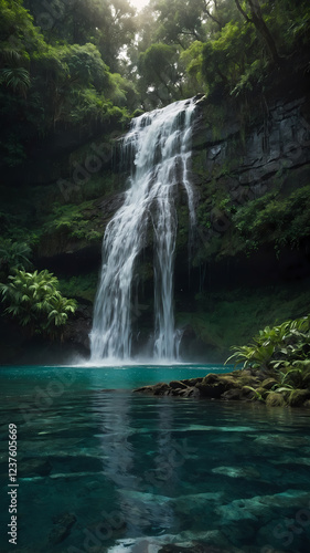 Serene waterfall cascading into a vibrant turquoise pool, surrounded by lush rainforest.  A tranquil oasis of natural beauty.
