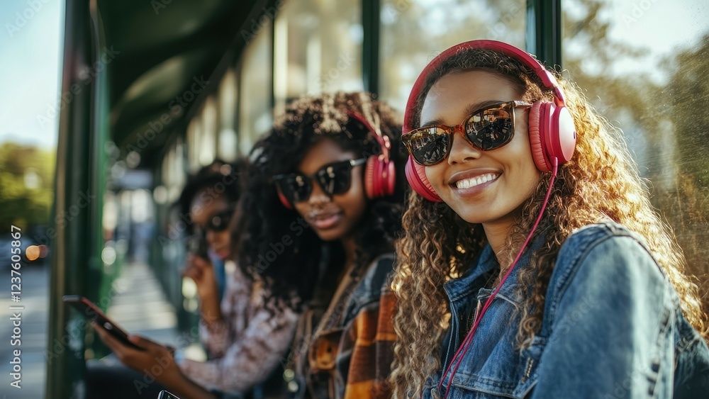 Three diverse friends at a bus stop on a sunny day using a smartphone An African woman with headphones smiles at the camera Three diverse friends at a bus stop on a sunny day using a smartphone An African woman with headphones smiles at the camera