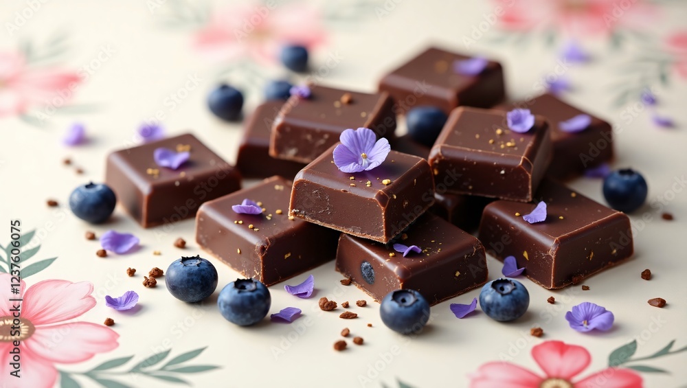 Dark chocolate squares infused with blueberries and lavender rest on a creamy white background with hand-painted pastels, creating a whimsical, luxurious atmosphere. Dark chocolate squares infused with blueberries and lavender rest on a creamy white background with hand-painted pastels, creating a whimsical, luxurious atmosphere.