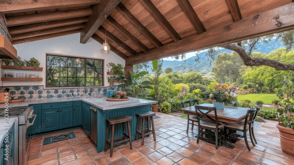 Fototapeta premium Outdoor Kitchen Patio with Mountain View and Garden