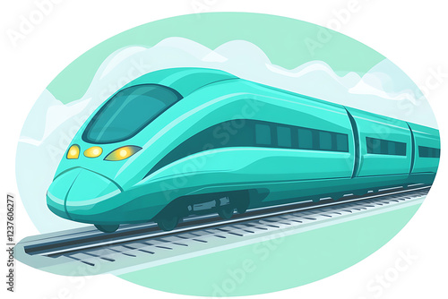 A flat vector illustration of a high-speed train traveling on tracks