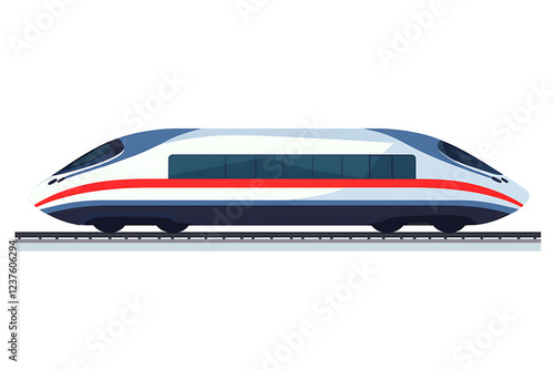A flat vector illustration of a high-speed train rushing through a modern cityscape, showcasing speed and urban transportation concept