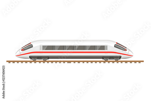 A flat vector illustration of a high-speed train rushing through a futuristic cityscape