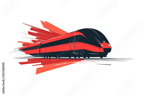 A flat vector illustration of a high-speed train traveling on tracks under a blue sky