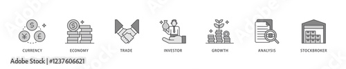 Forex icon set flow process which consists of currency, economy, trade, investor, growth, analysis and stockbroker icon live stroke and easy to edit .