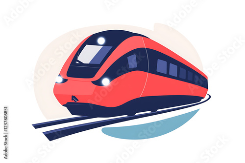 A flat vector illustration of a high-speed train speeding through a futuristic cityscape