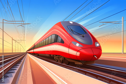 Dynamic flat vector illustration of a high-speed train in motion