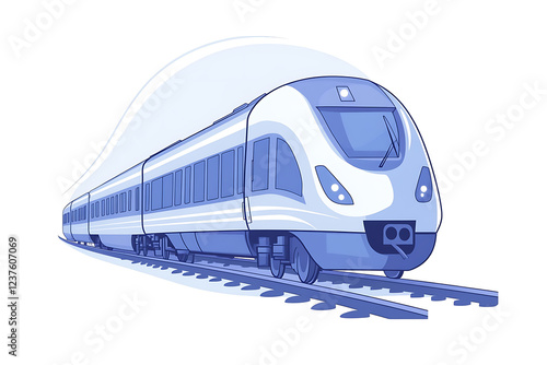 A sleek flat vector illustration of a high-speed train moving through a modern cityscape