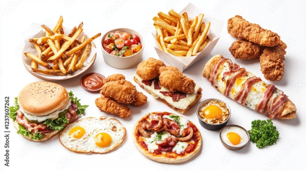 Delicious fried chicken, burger, fries, and eggs breakfast Delicious fried chicken, burger, fries, and eggs breakfast