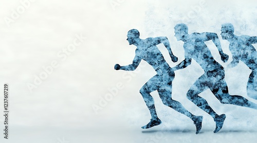 Abstract Blue Runners in Motion Pixelated Figures Against White Background photo