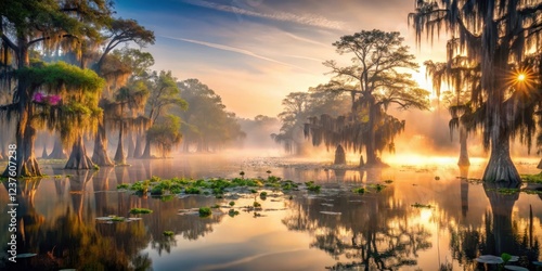 A misty dawn breaks over a bayou in Louisiana, with Spanish moss draped across ancient cypress trees and water lilies floating on the surface, water lilies, foggy morning photo