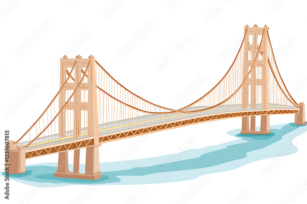 Fototapeta premium A flat vector illustration of a large bridge spanning across a river, featuring modern architecture and vibrant colors