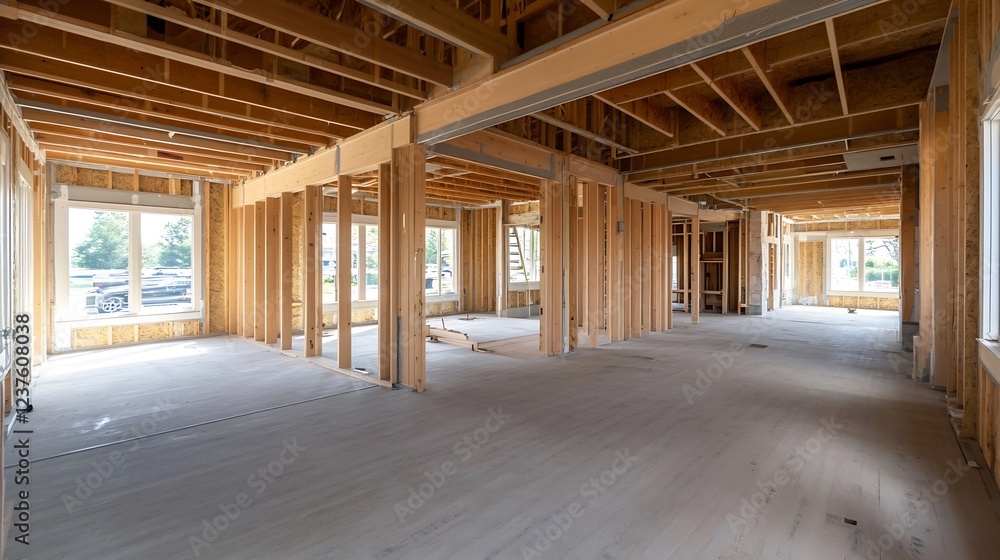 Interior View of Framed Residential Building with Visible Wooden Joists and Beams : Generative AI