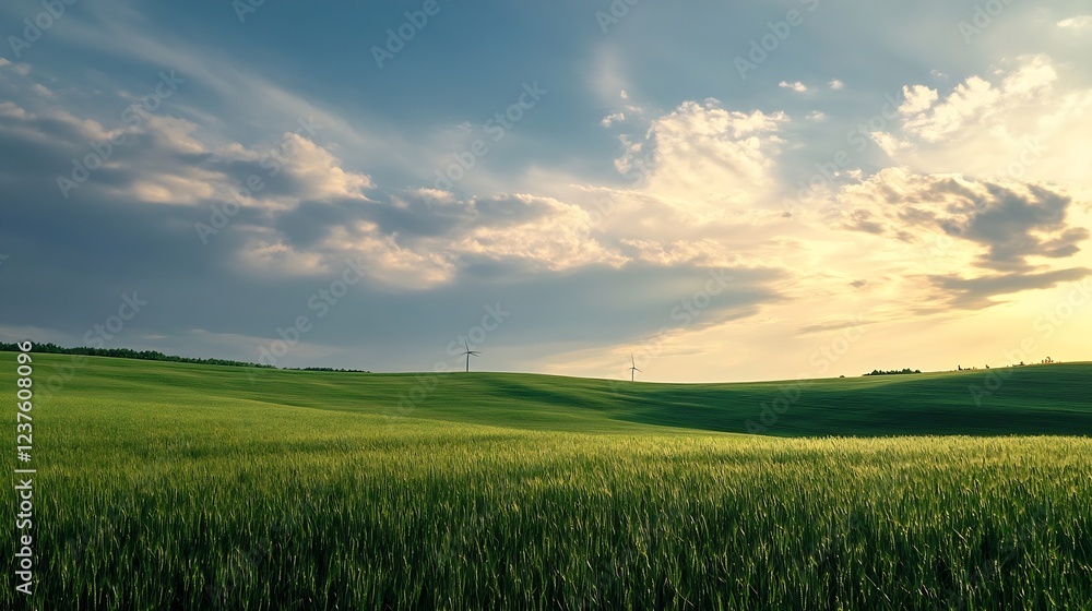 Obraz premium Expansive Green Field with Distant Wind Turbines Under Dramatic Cloudy Sky : Generative AI