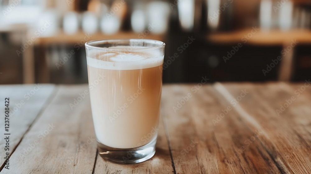 Minimalist latte glass on rustic wooden table in cozy coffee shop ambiance : Generative AI Minimalist latte glass on rustic wooden table in cozy coffee shop ambiance : Generative AI