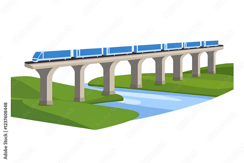 Fototapeta premium A flat vector illustration of a large bridge spanning a river under a clear blue sky