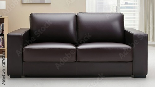 Brown Leather Two-Seater Sofa in Modern Living Room