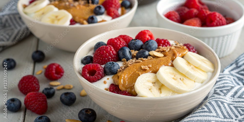A Healthy Breakfast Bowl of Almond Butter and Berries with Bananas A Healthy Breakfast Bowl of Almond Butter and Berries with Bananas